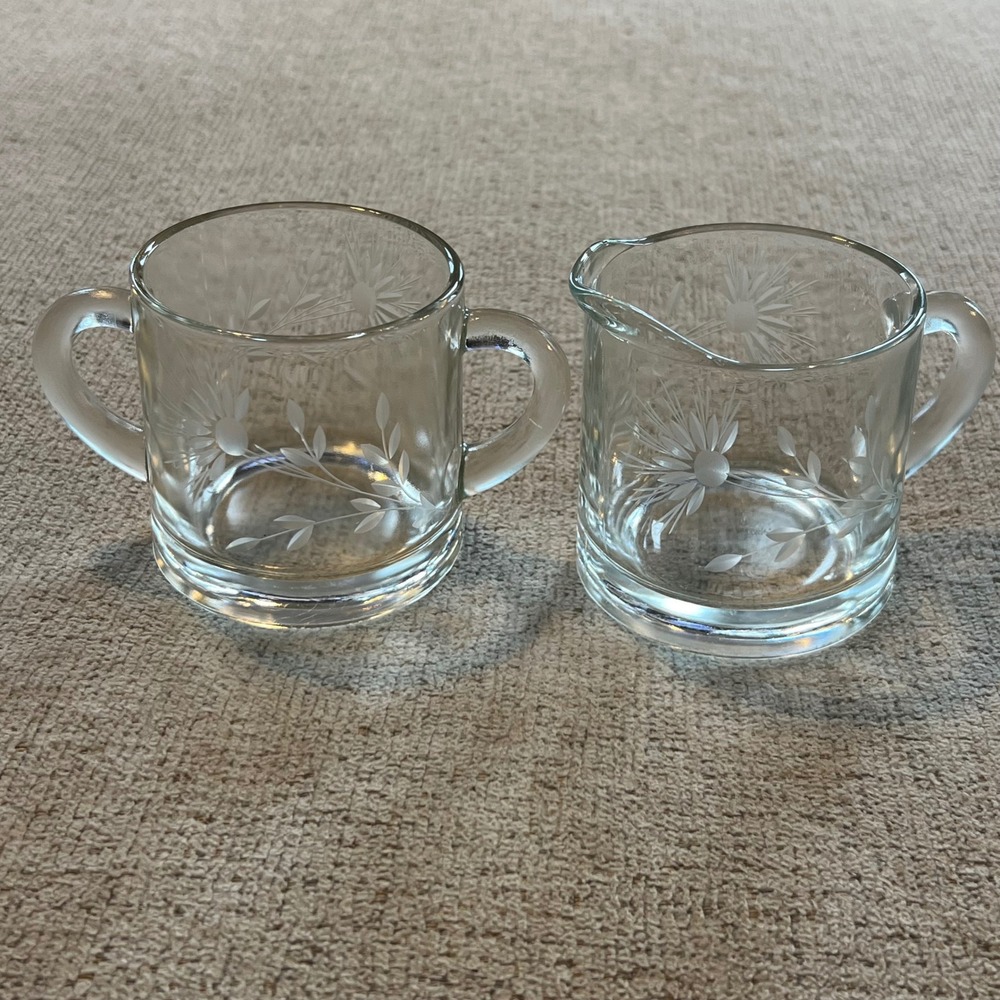 Vintage Etched Glass Cream and Sugar Set Floral Daisy Pattern Clear Glass Pair
